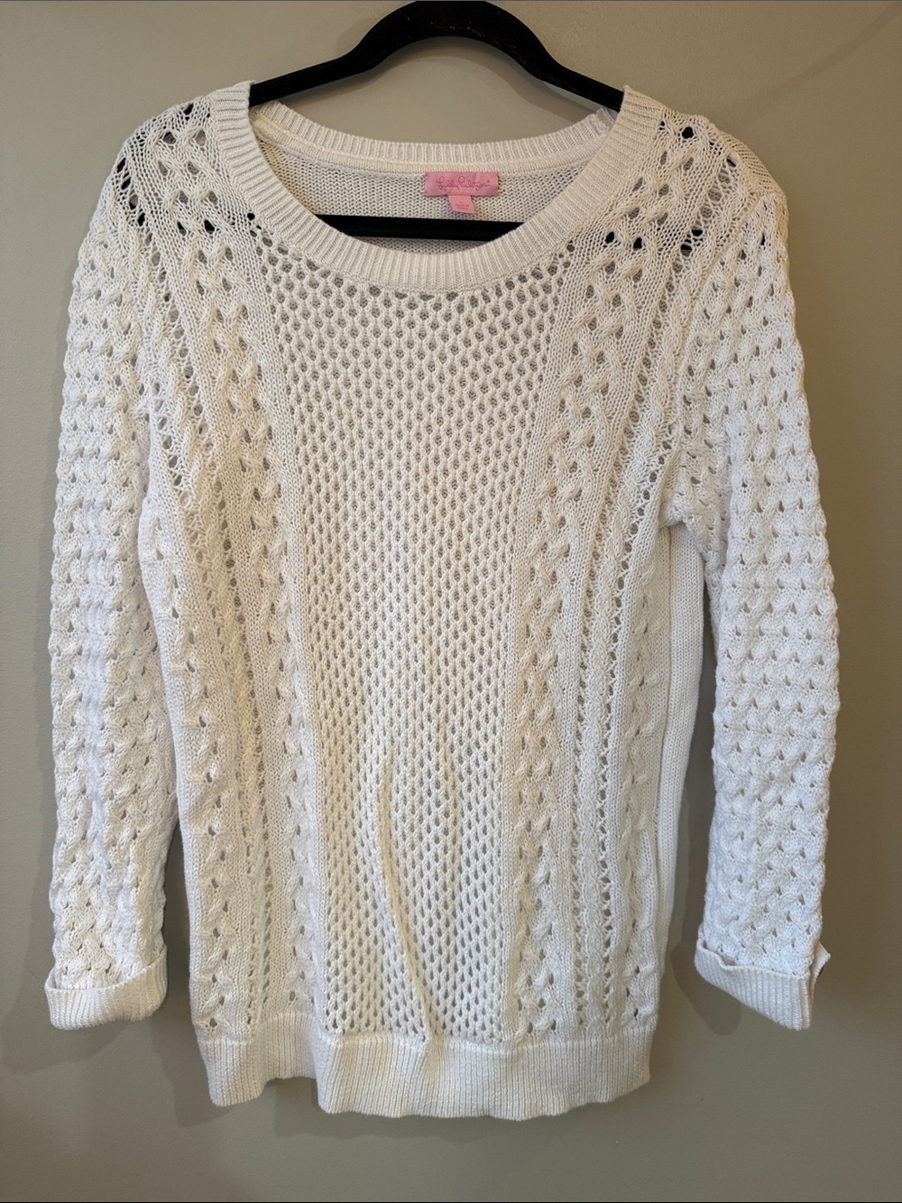 Lilly Pulitzer white Open-Knit Scoop Neck Sweater anchor buttons cotton large